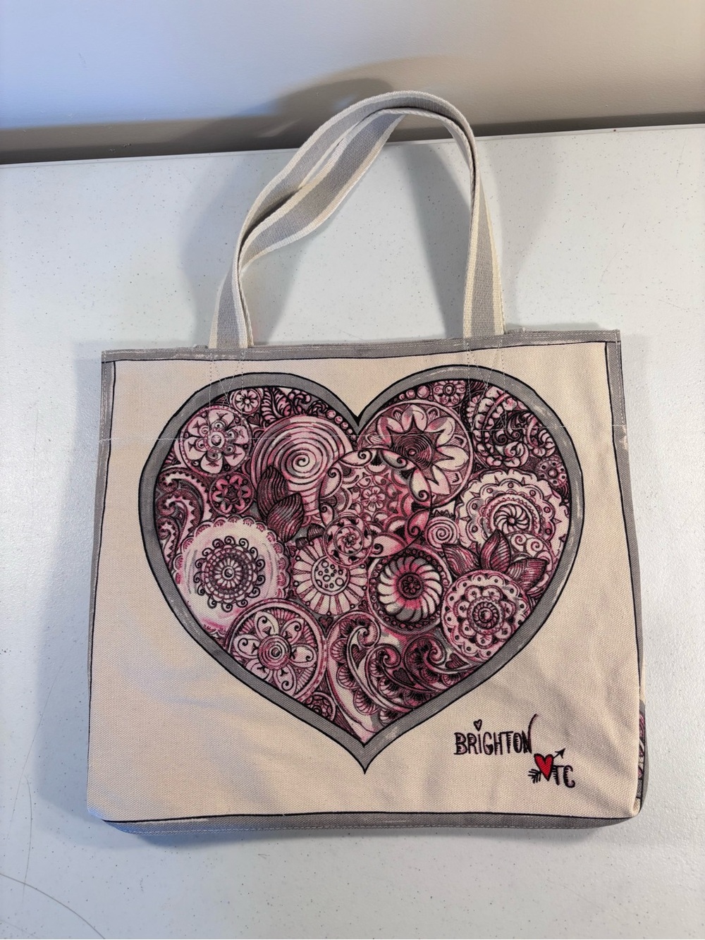 Brighton Cream Canvas Tote with Pink Floral Heart